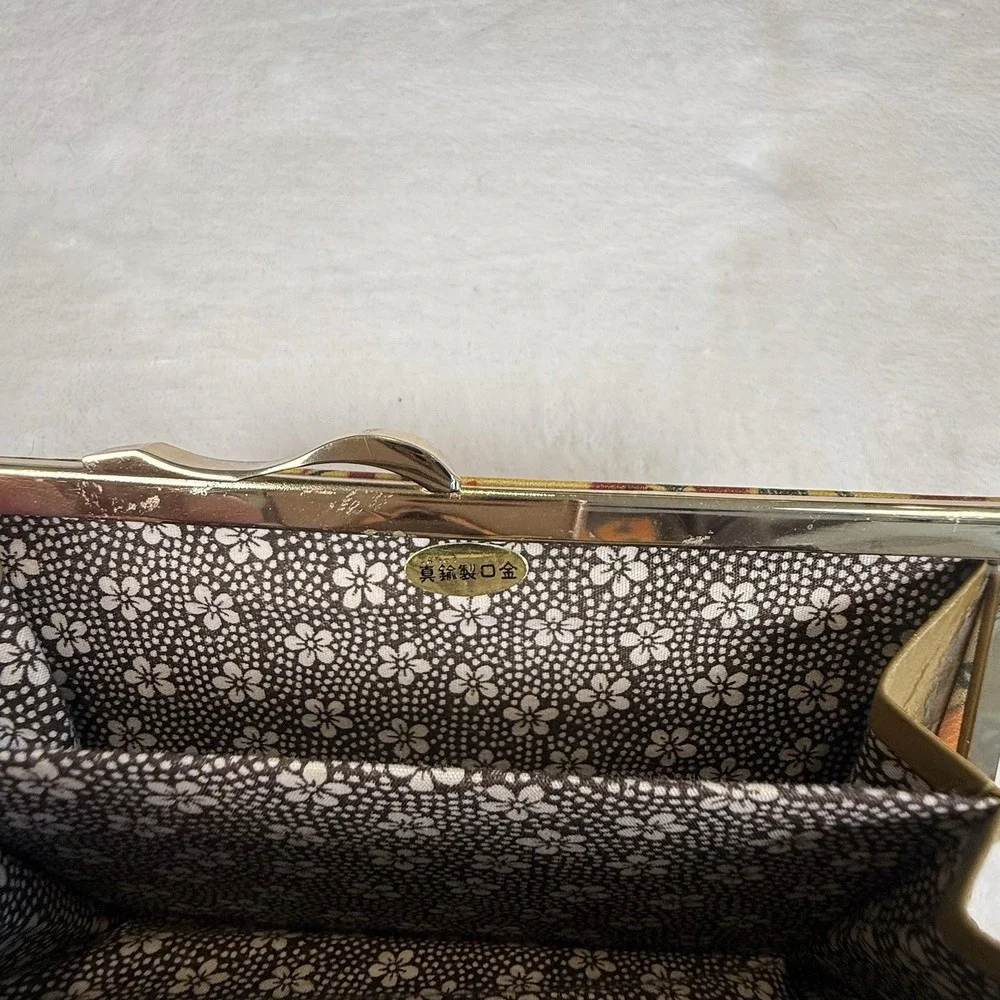 Vintage Japanese Floral Clutch Wallet Brass Frame Kiss Lock Original Box Japan